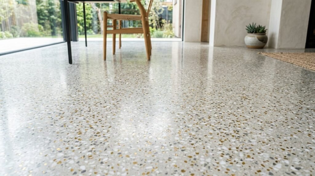 Close up view of elegant modern polished terrazzo flooring with colorful stone aggregate chips.