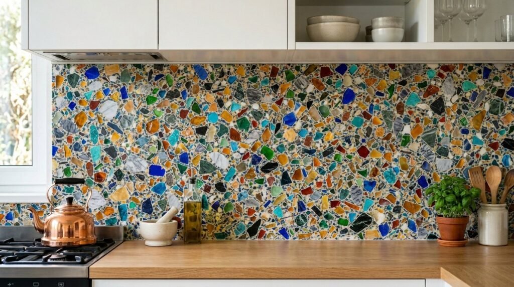 Close up of a premium kitchen backsplash featuring a modern terrazzo stone slab with colorful aggregate chips.