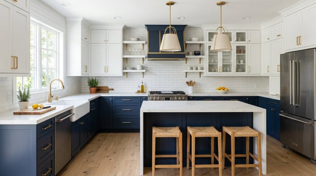 A stylish modern kitchen featuring elegant two-tone cabinetry and high-end finishes.