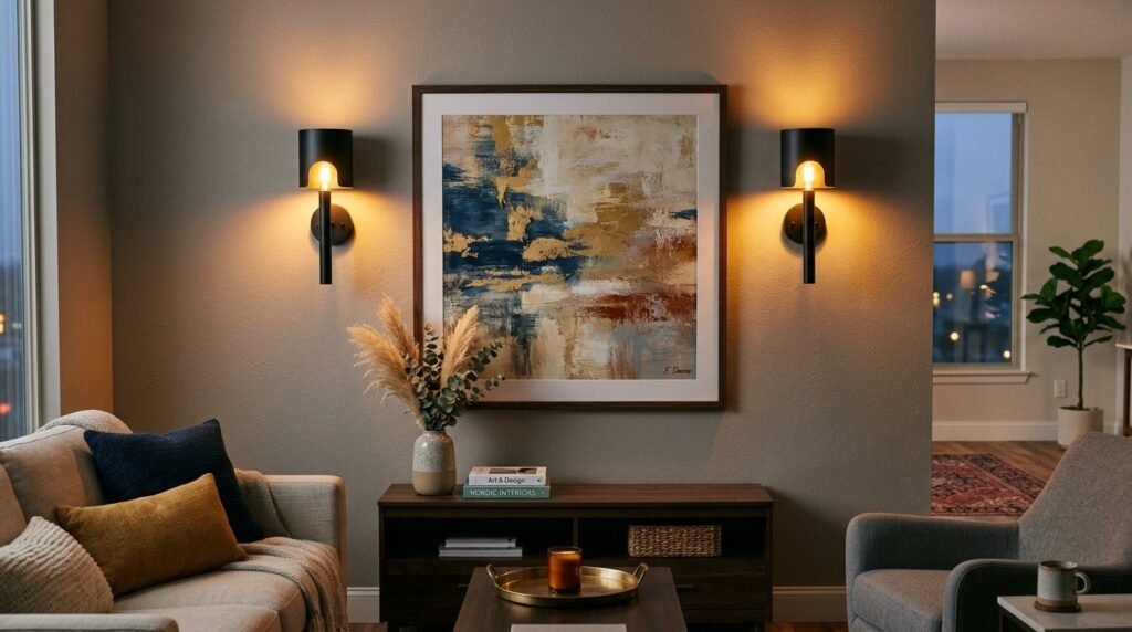 Modern wall sconces casting soft warm light shadows on a textured interior wall.