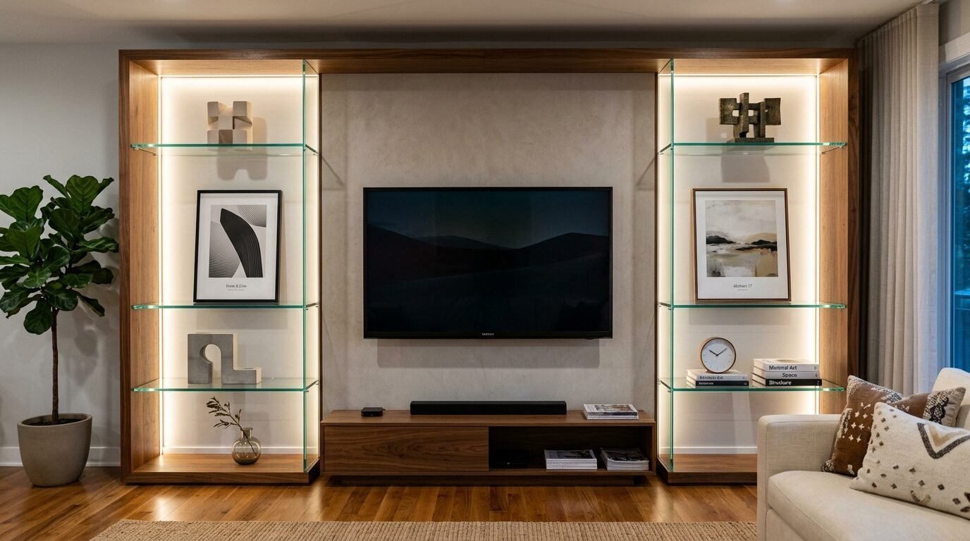 Built-in walnut entertainment center featuring backlit glass display shelves and framed abstract artwork.
