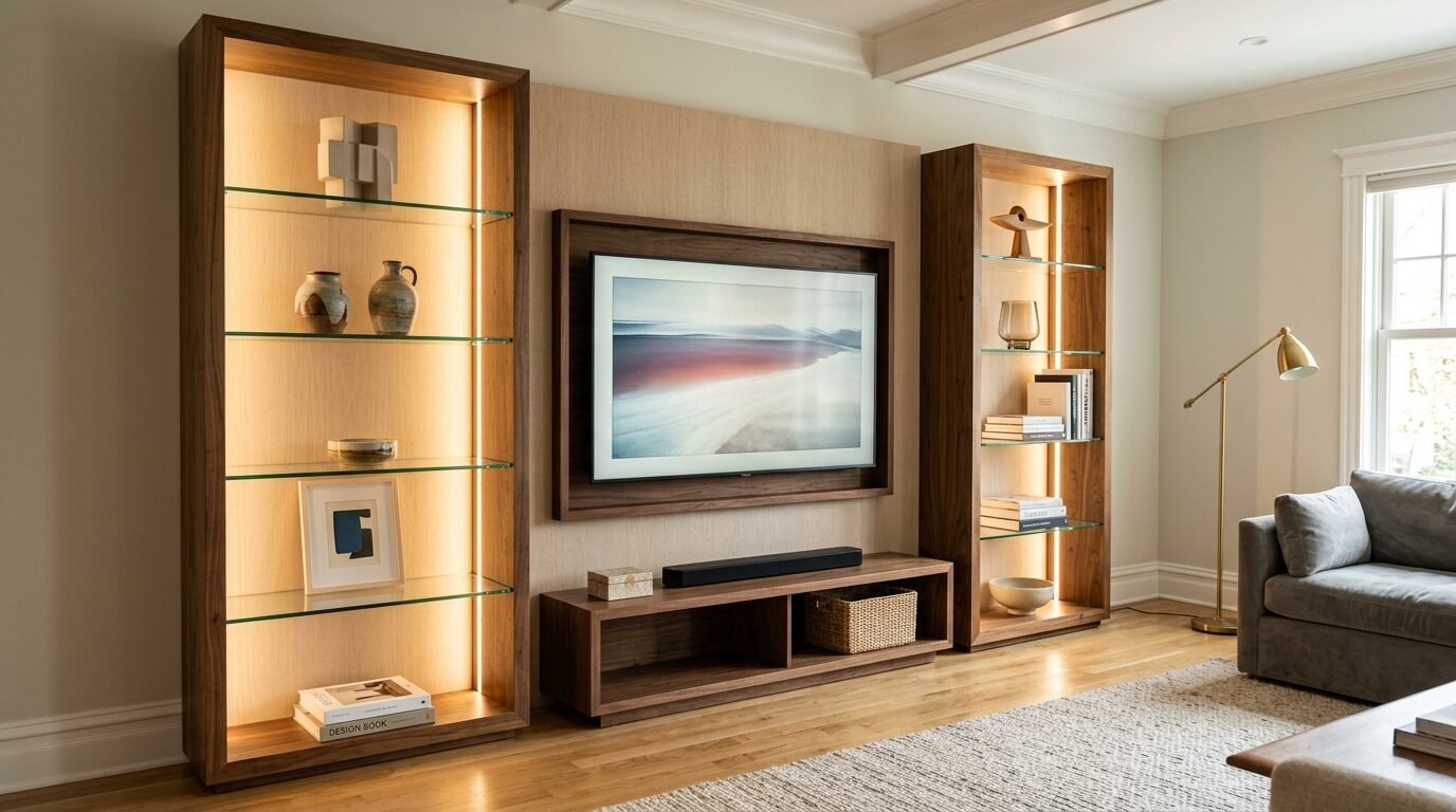 Living room featuring a central television framed by custom wooden shelves with illuminated glass displays.