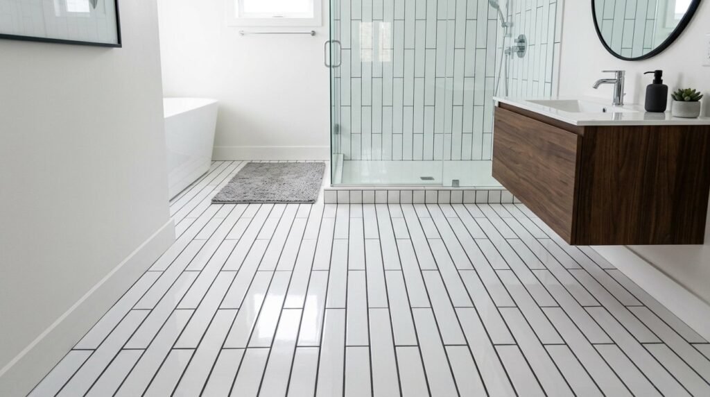 Close up view of clean white bathroom floor tiles with professional grout lines.