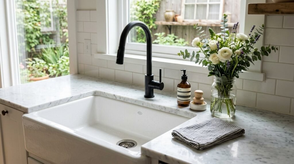 A clean and minimalist white bathroom sink with elegant design features.