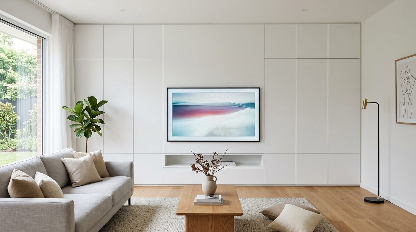 A modern living room with a grey sofa, wooden coffee table, and large white built-in wall unit with a TV.
