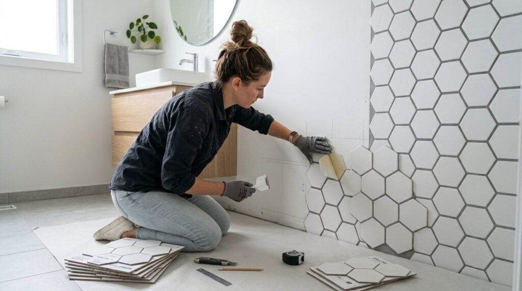 Close up view of clean white hexagon wall tiles in a bright modern space.