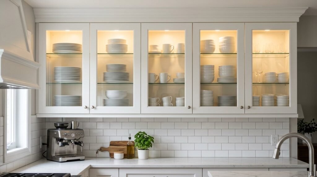 A bright modern kitchen interior featuring clean white cabinets and polished countertops.