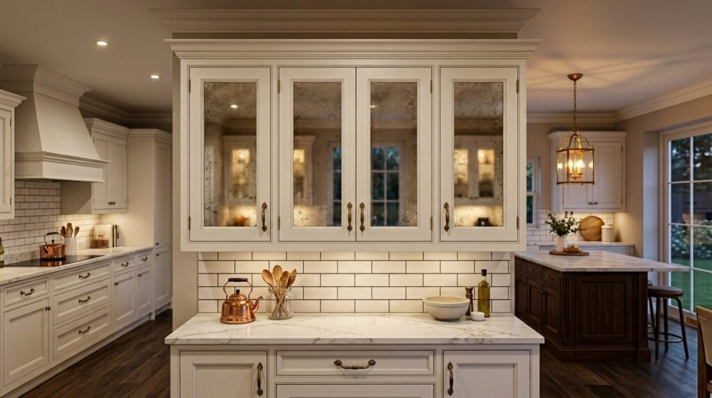 Bright modern kitchen interior featuring high-end white cabinets and marble countertops.