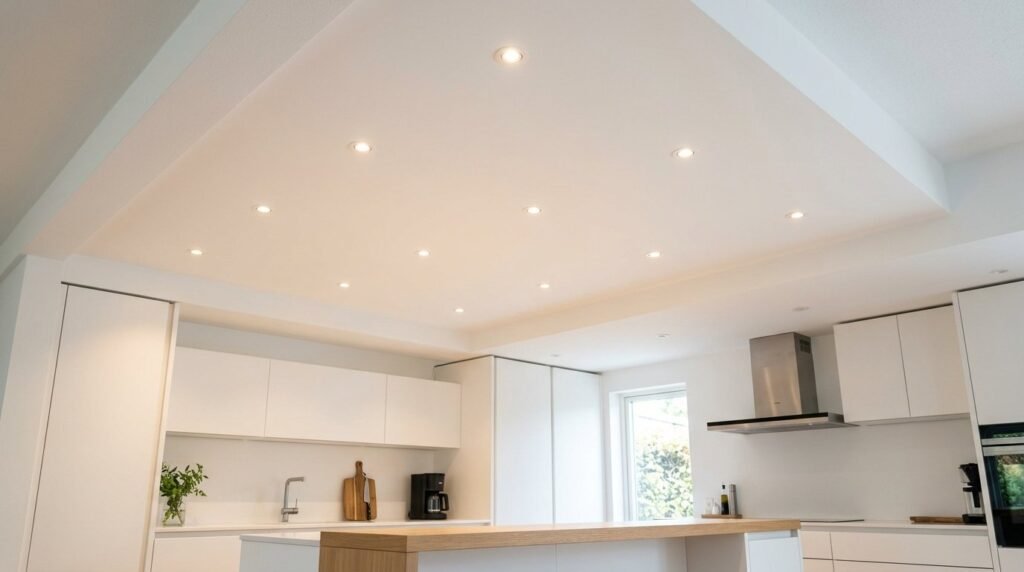 Bright modern kitchen featuring a clean white ceiling with recessed lighting.