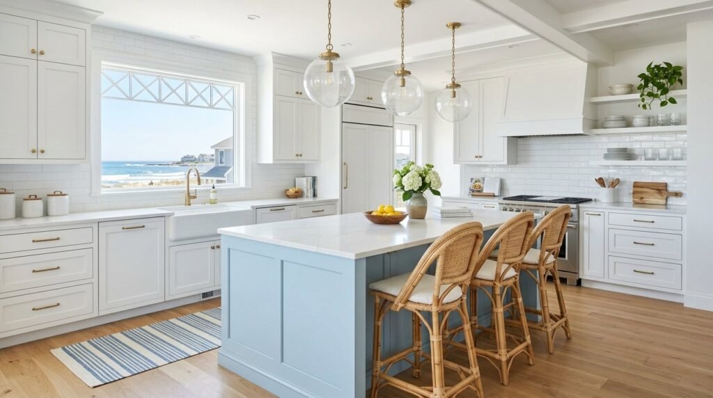 A clean and bright modern kitchen with white cabinetry and minimalist decor.