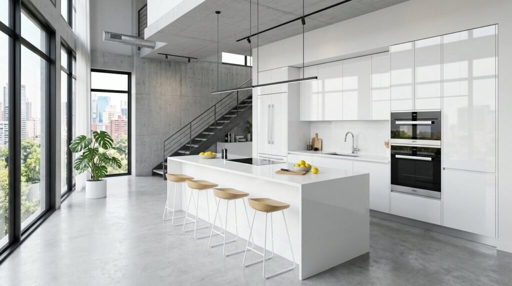 A clean and bright modern white kitchen featuring minimalist cabinetry and professional staging.