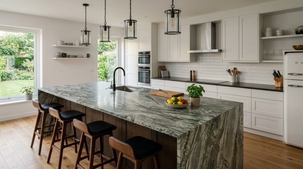 A clean and bright modern kitchen interior with white cabinets and contemporary appliances.