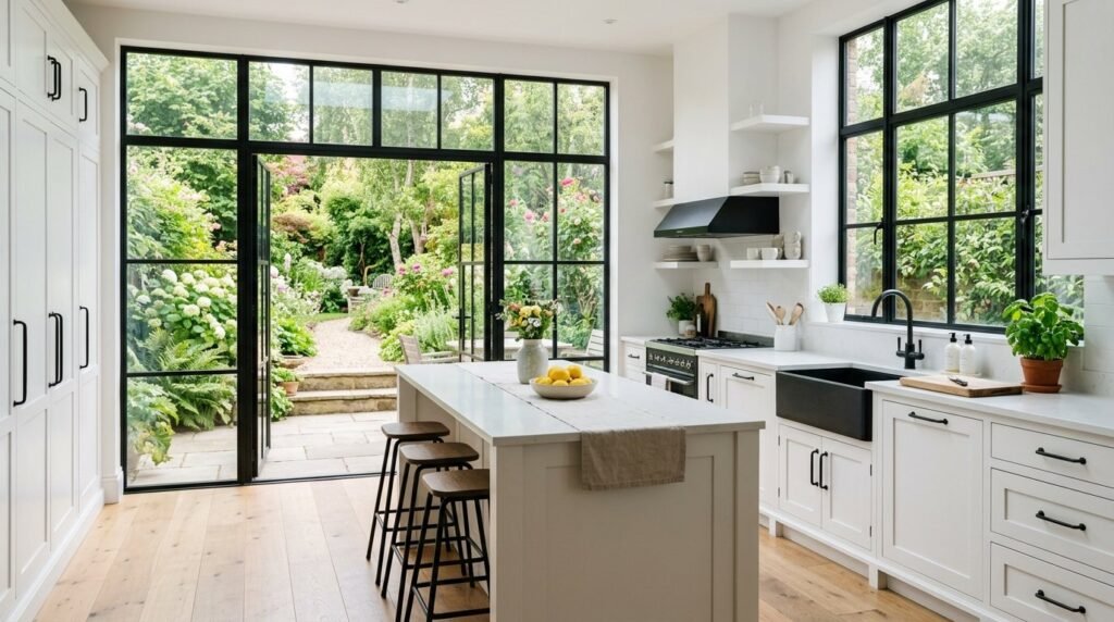 A bright modern kitchen with white cabinetry contrasted by bold black hardware and fixtures.
