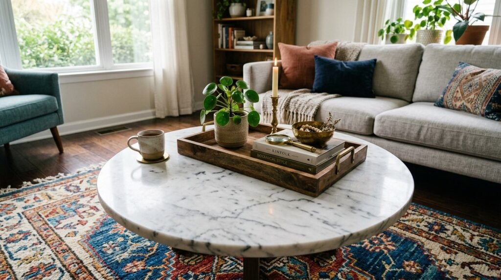 Elegant white marble coffee table centerpiece in a bright contemporary living room interior.