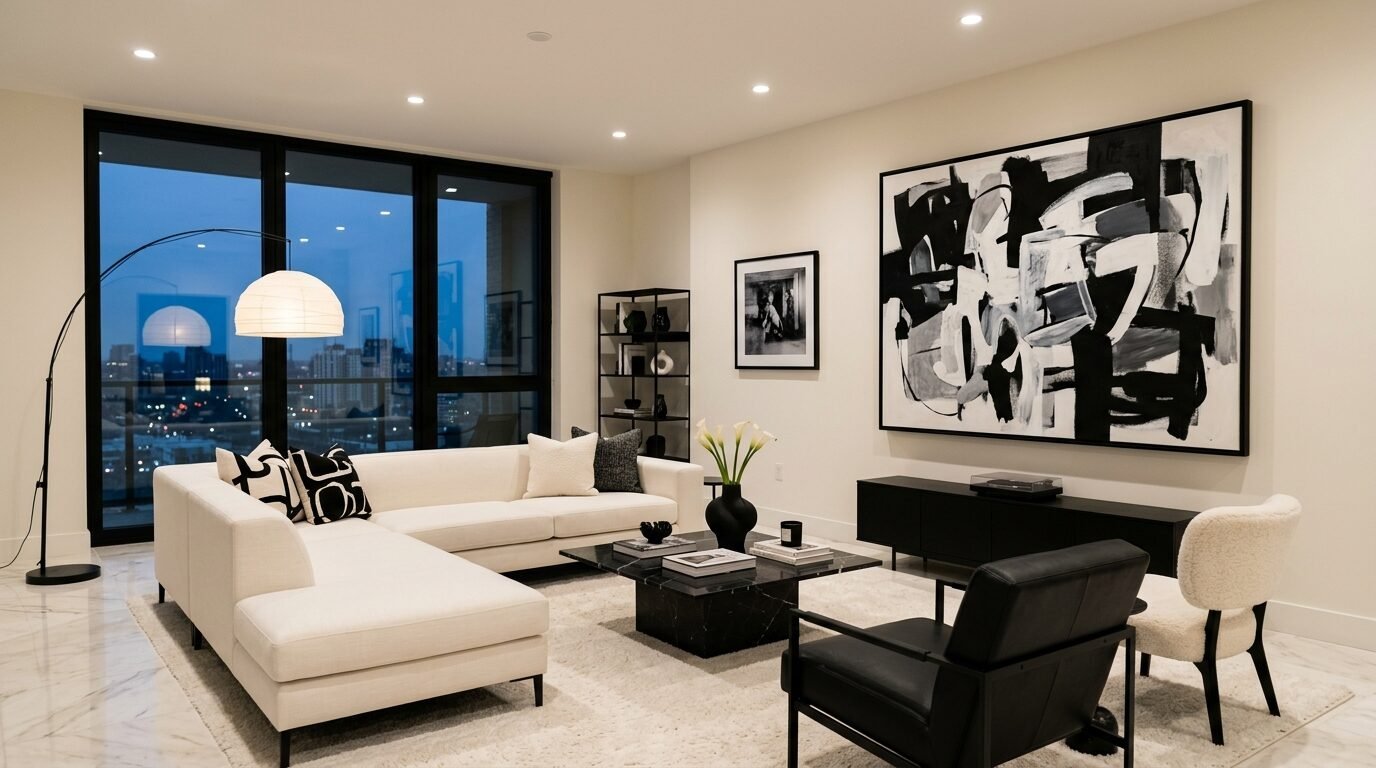Contemporary apartment interior with cream sofa, black marble coffee table, and large expressionist painting.