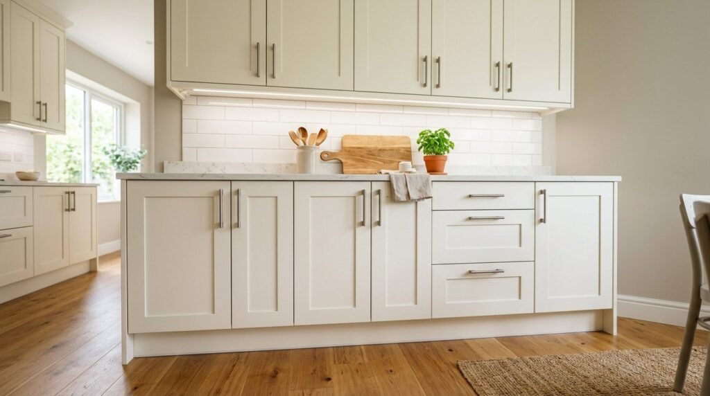 A bright modern kitchen interior showcasing high-quality white shaker cabinets with matte black hardware.
