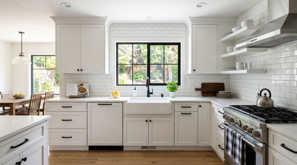 A beautifully designed modern kitchen featuring classic white shaker cabinets and bright, clean aesthetics.