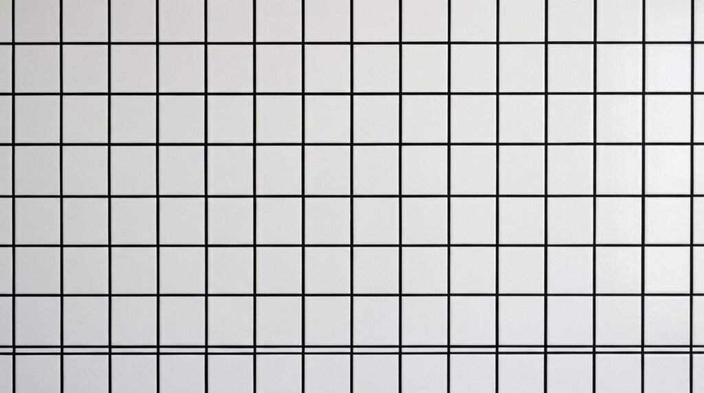 Close up of clean white square ceramic tiles with symmetrical grout lines.