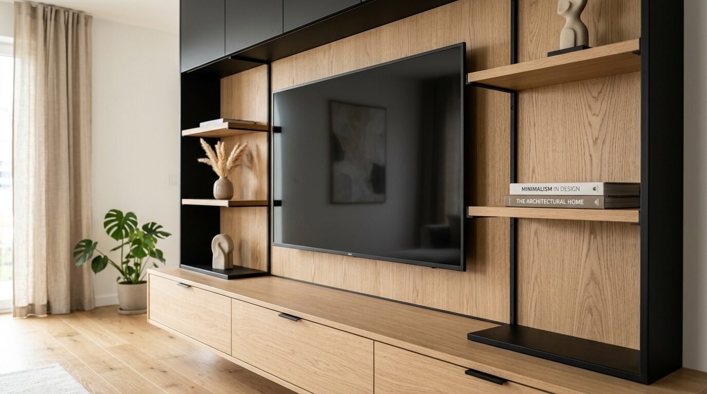 Sleek wall-mounted media console featuring natural wood finish and black metal shelving accents.
