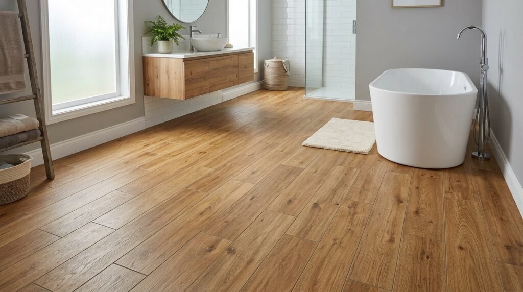 Close up of high quality wood look flooring planks with a natural grain texture.
