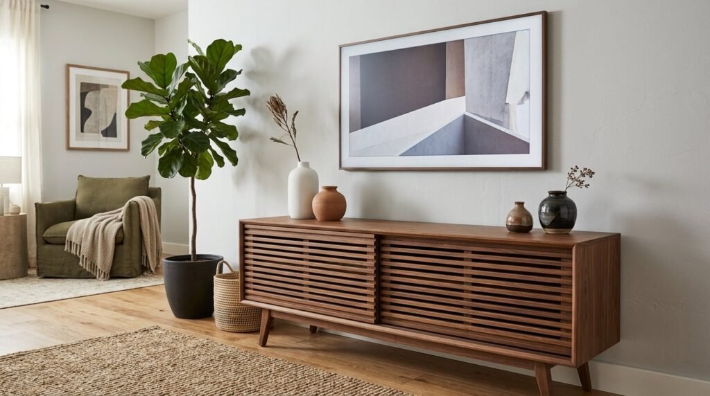 A sleek modern wooden media console cabinet sitting in a bright living room.
