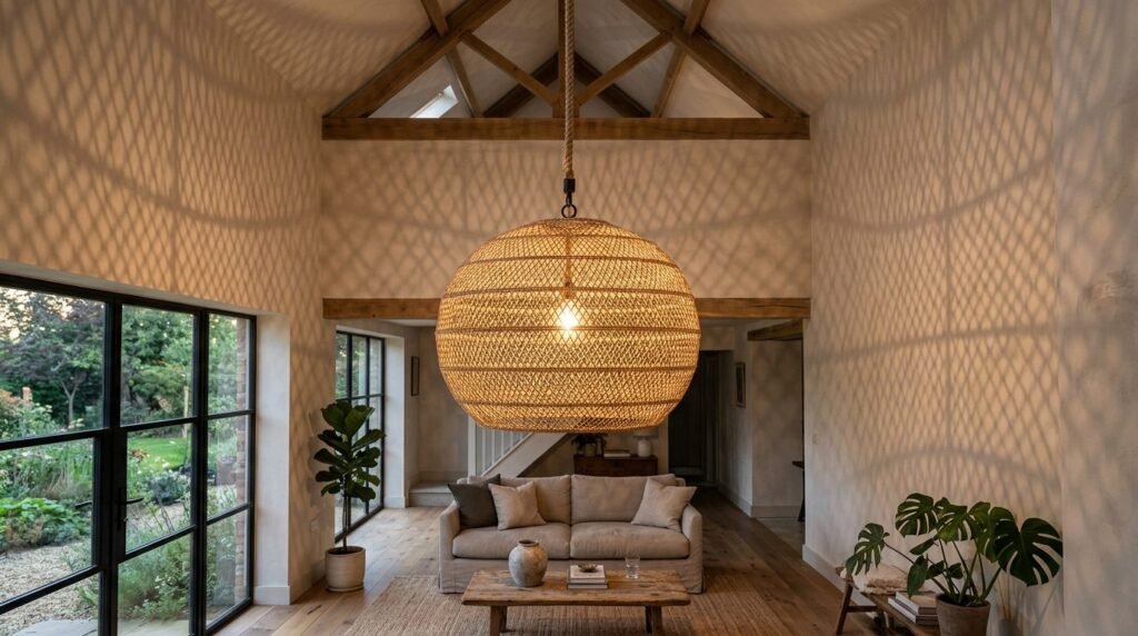 A beautiful modern woven pendant light fixture hanging in a stylish, well-lit living space.