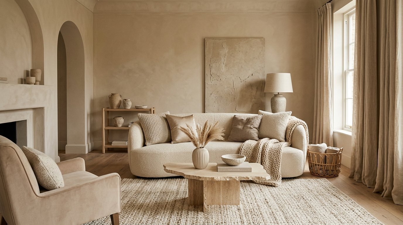Modern living room with neutral beige decor, textured wall art, and a stone coffee table.