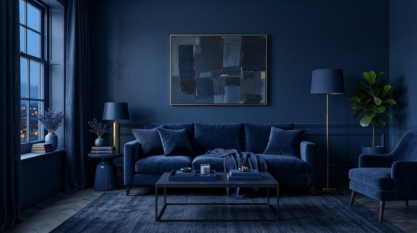 Modern navy living room featuring a velvet couch, matching armchair, abstract wall art, and brass floor lamp.