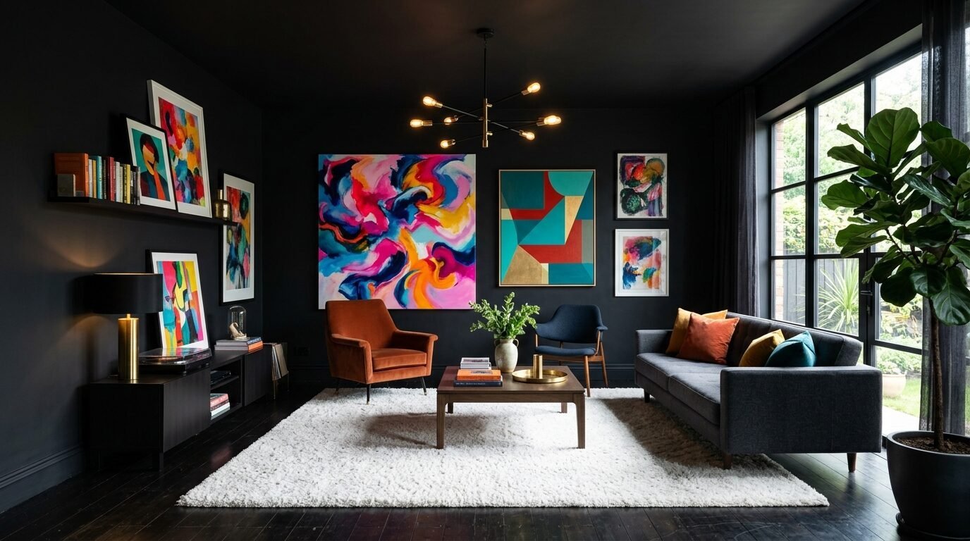 A dark-walled living room featuring bright abstract wall art, velvet chairs, and a large plush white area rug.