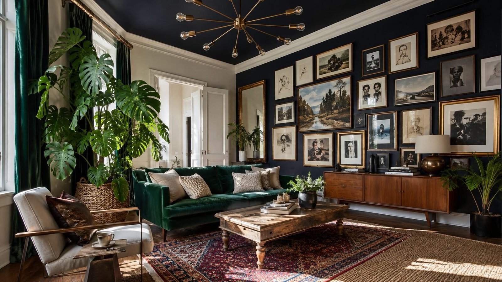 A sophisticated living room with dark navy walls, a green velvet sofa, and a large collection of framed artwork.