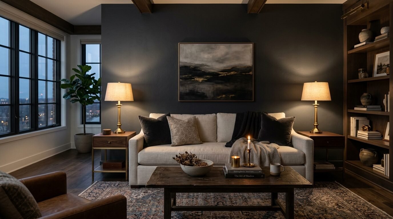 A beige sofa sits in a dim living room with table lamps, dark accent walls, and a landscape painting.