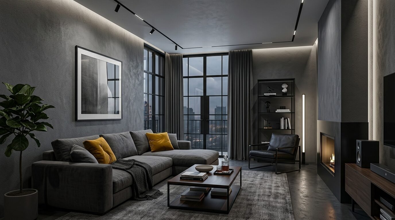 Dark interior with grey sofa, mustard cushions, modern fireplace, and floor-to-ceiling windows.
