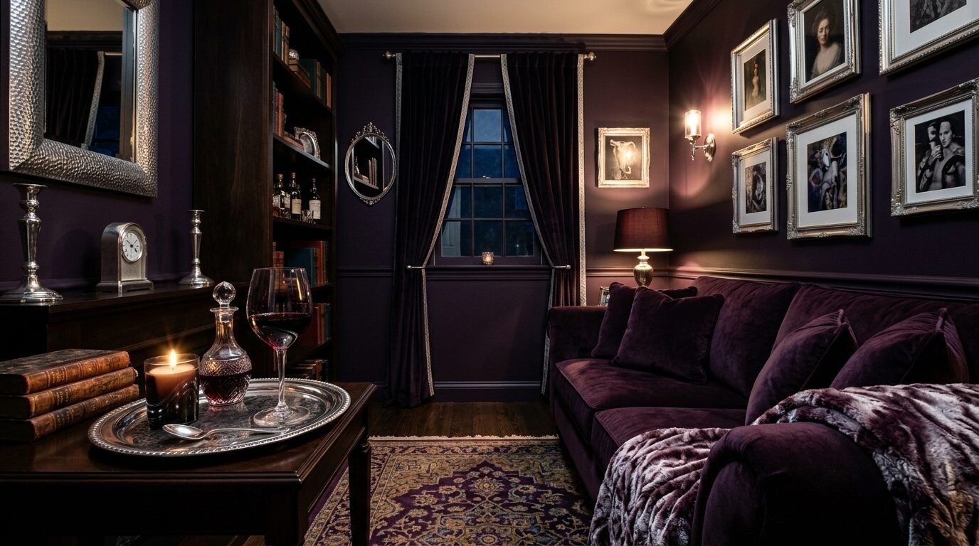 A luxurious reading room featuring deep purple walls, a velvet sofa, and antique framed portraits.