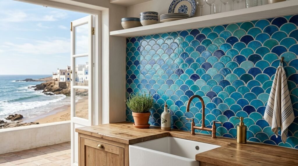 Close up of a vibrant Moroccan fish scale pattern tile wall installation.