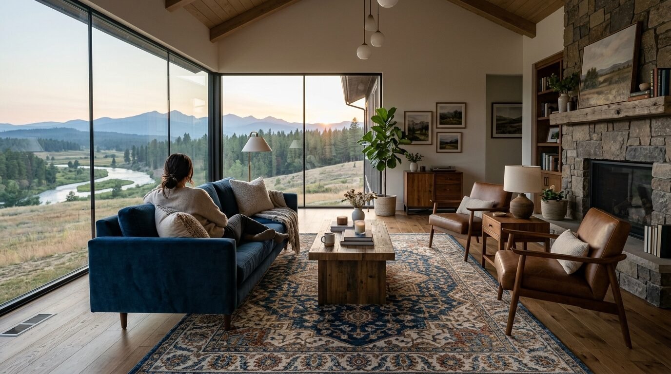 A person sitting on a navy blue couch in a modern rustic living room overlooking a winding river and distant mountains.