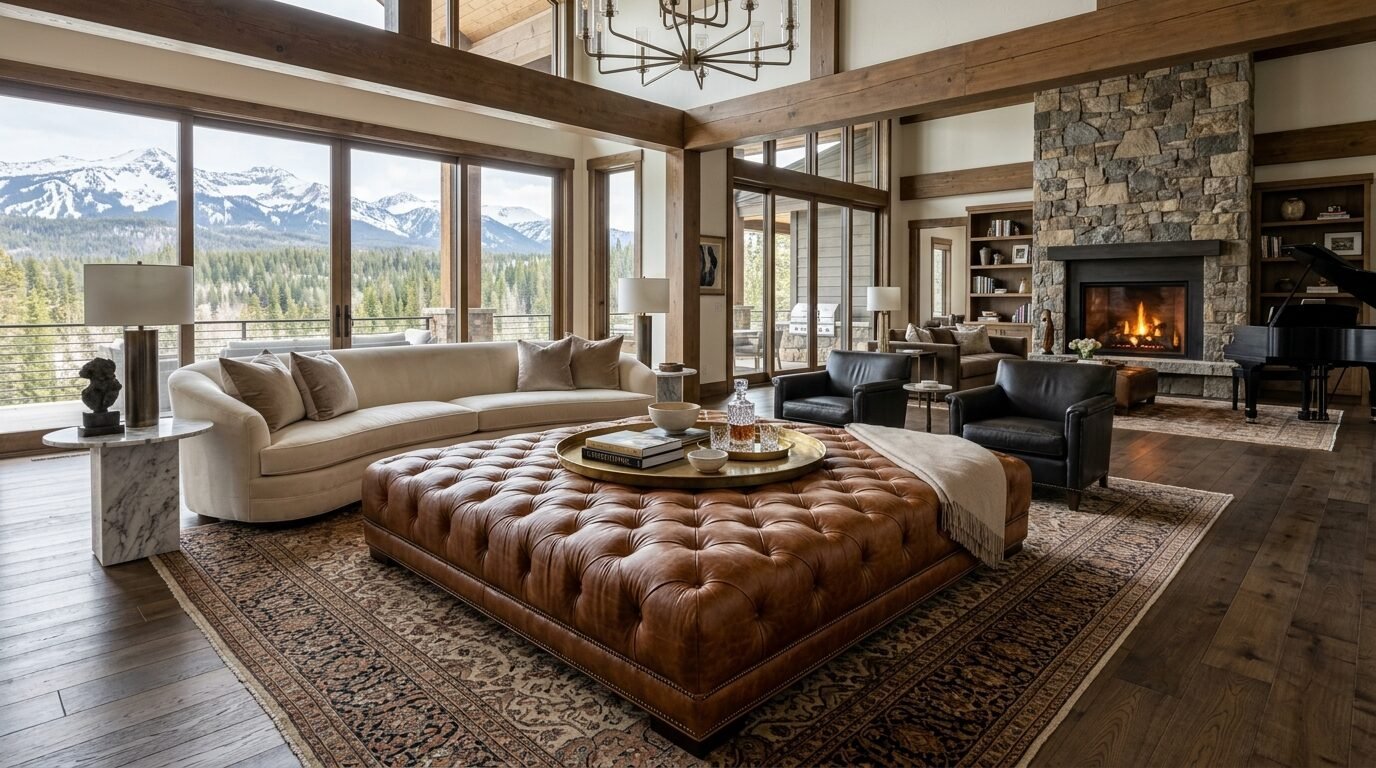 Spacious living area featuring a tufted leather ottoman, fireplace, and scenic snowy mountain views.