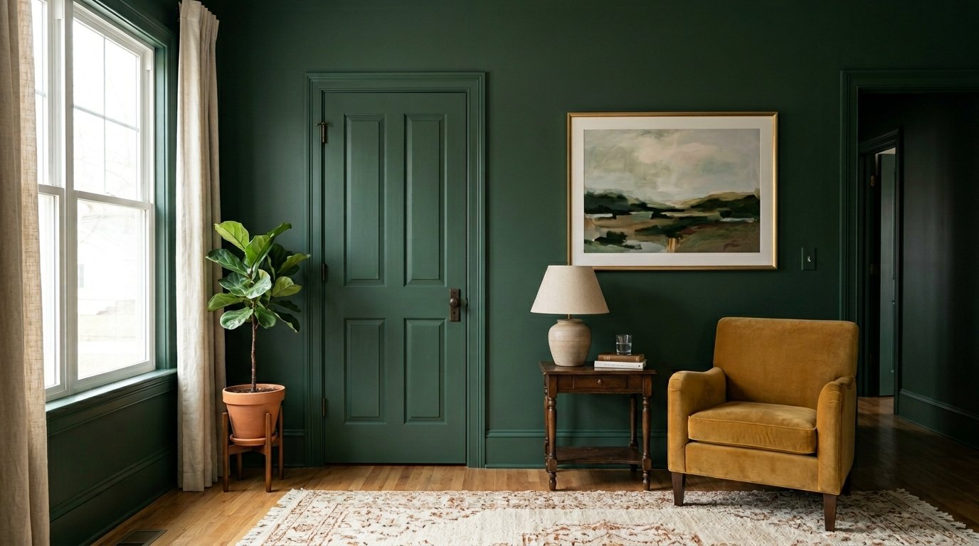 Mustard velvet chair and side table in a dark green room with a landscape print and potted fiddle leaf fig.