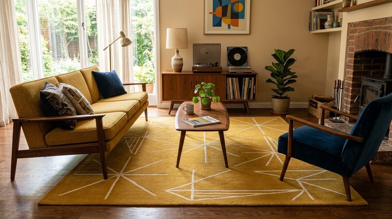 Mid-century modern living room with a mustard sofa, blue velvet chair, and a yellow geometric patterned area rug.