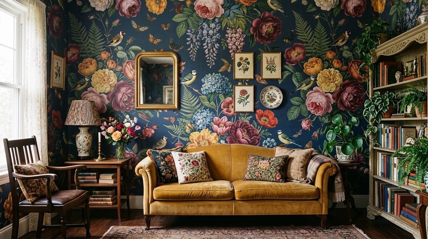 A yellow velvet sofa sits against a wall covered in dark blue wallpaper with bright floral and bird patterns.