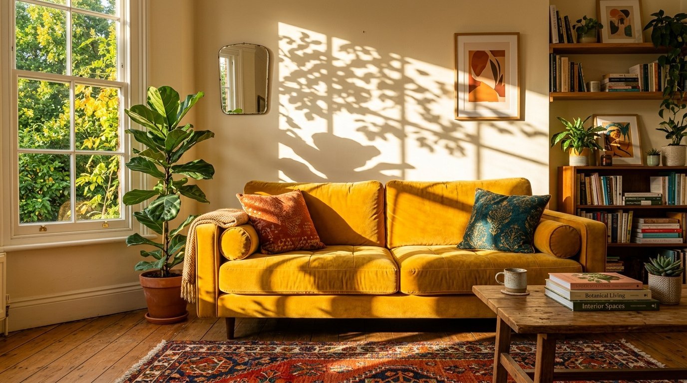 A plush yellow velvet sofa sits in a warm, sunny room with a fiddle leaf fig plant and rustic coffee table.