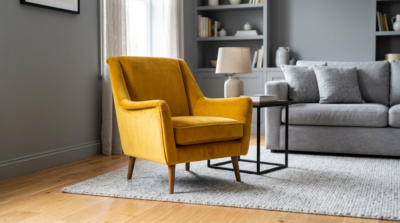 Bright mustard armchair beside a grey sofa and side table on a textured rug.