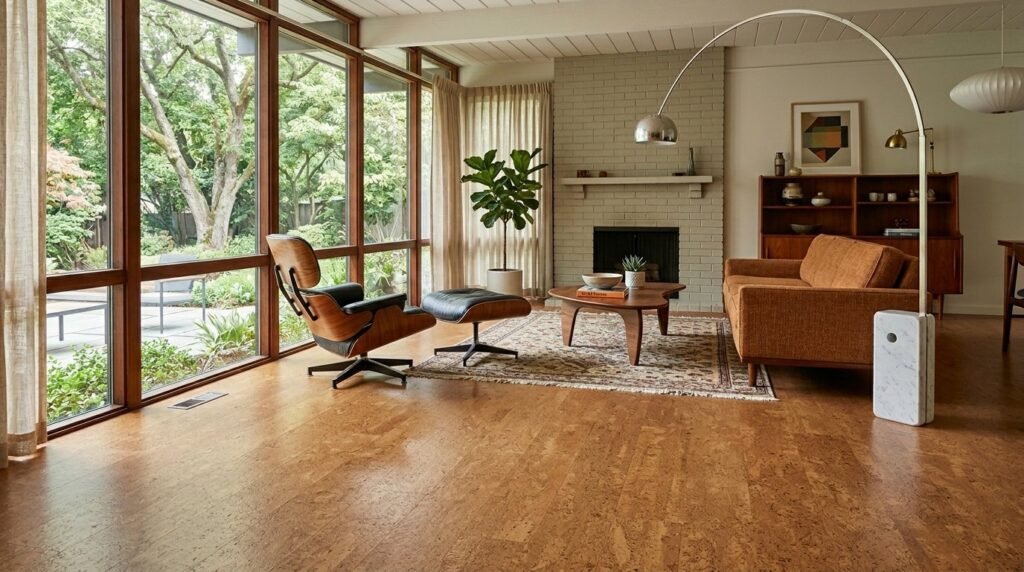 High quality sustainable cork flooring installed in a bright modern home interior.