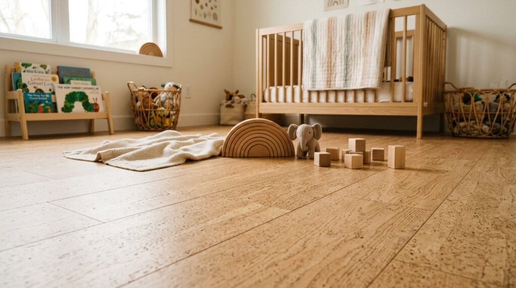 Close up view of high quality natural cork flooring planks showing unique texture and wood grain patterns.
