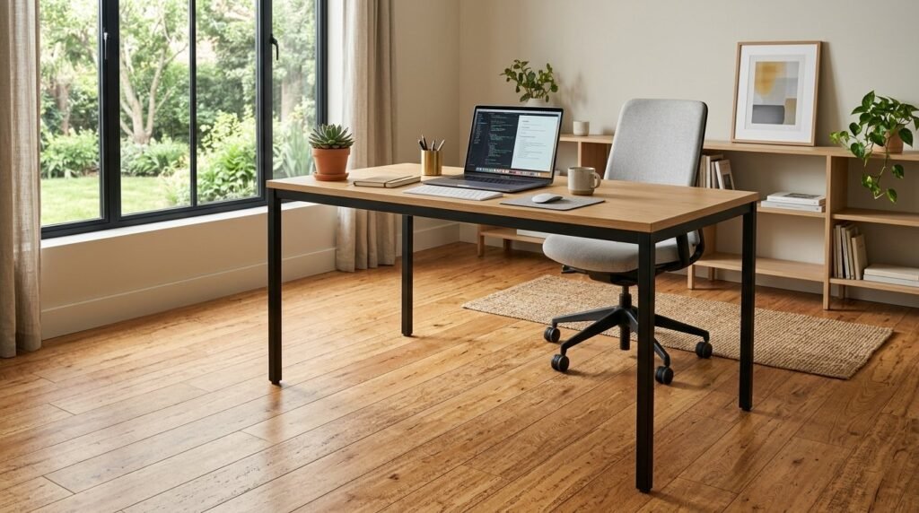 Close up view of natural brown cork plank flooring panels arranged in a modern interior setting.