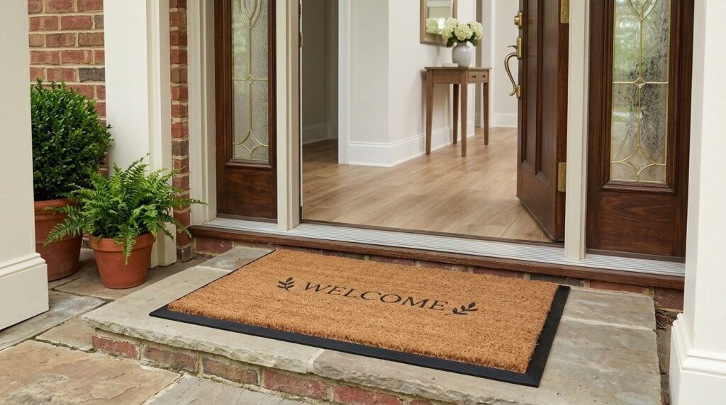 A high-quality textured natural coir fiber mat placed at a front entrance.