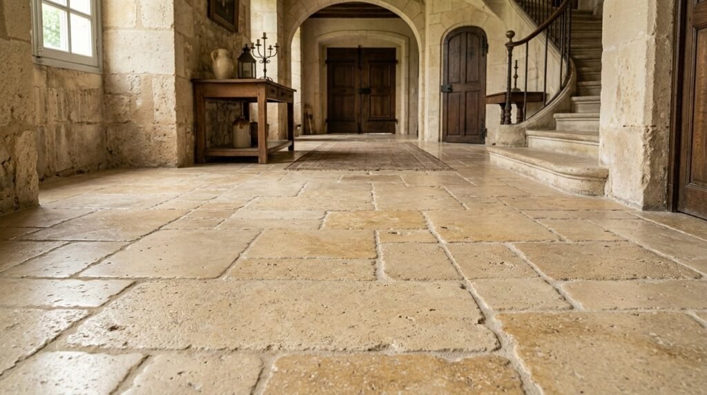 High-quality natural French limestone tiles arranged in a home interior space.