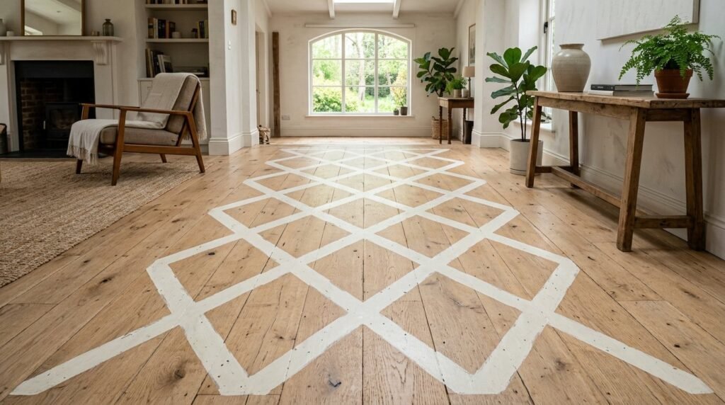 Close-up view of a natural wood floor with detailed wood grain patterns and warm tones.