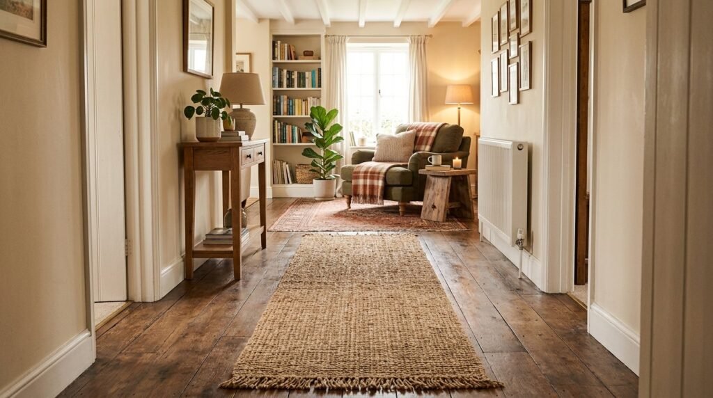 A beautiful natural jute runner placed on a smooth wooden floor for interior styling.