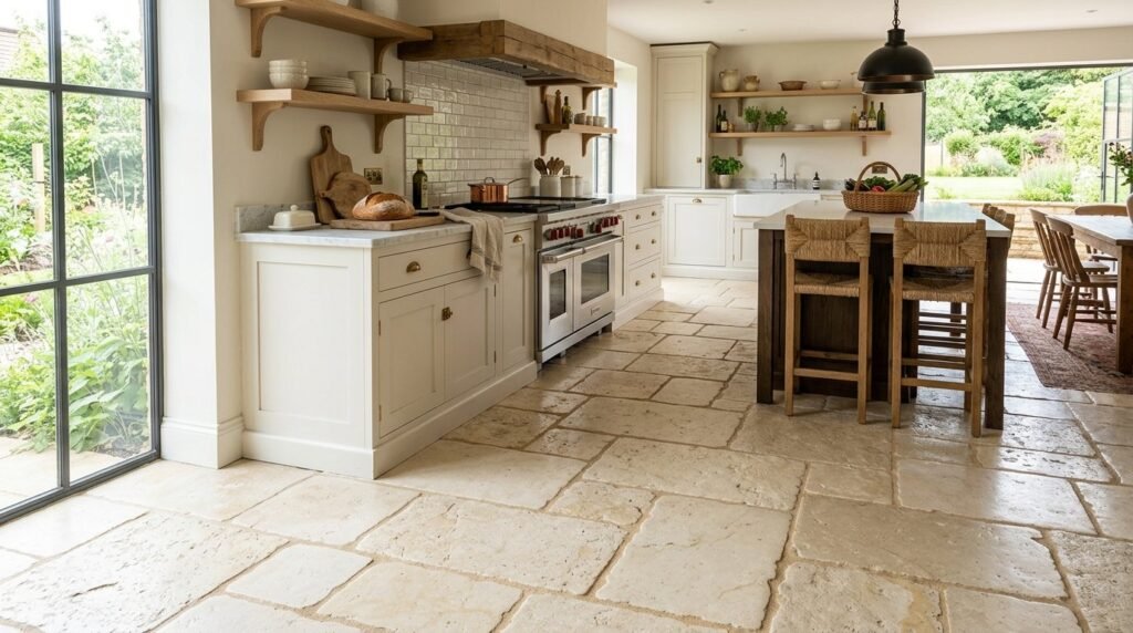 Close up view of natural limestone flagstone flooring with textured earthy tones in a well-lit room.