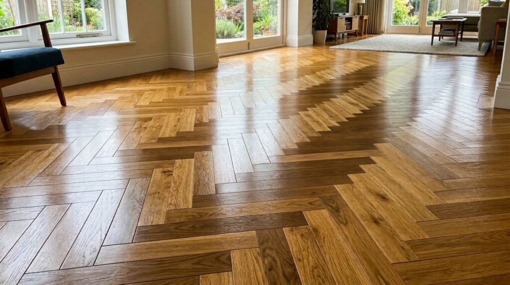 Close-up of high quality natural oak wood planks showing detailed wood grain texture.